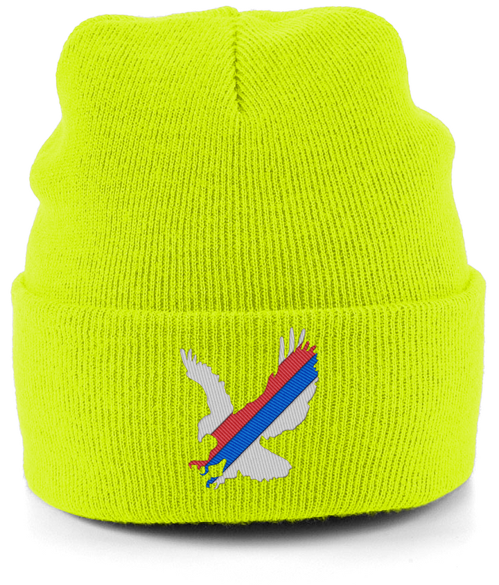 White Eagle Sash embroidered Crystal Palace beanie in Fluorescent Yellow, Legends in Thread