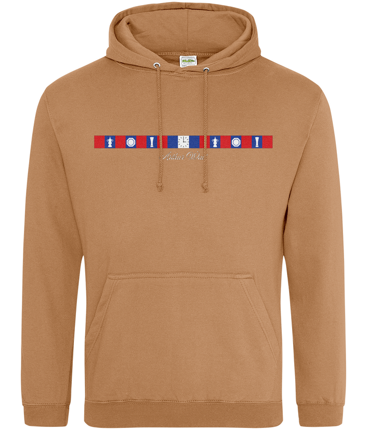 Arthur Wait Fascia Inspired printed Crystal Palace hoodie in Caramel Latte, Legends in Thread