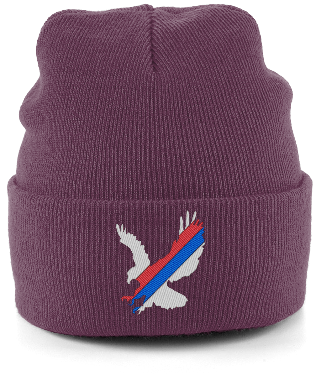 White Eagle Sash embroidered Crystal Palace beanie in Plum, Legends in Thread