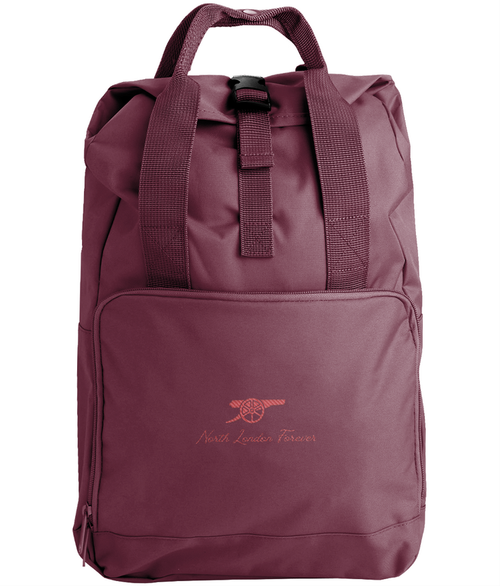 North London Forever embroidered Arsenal roll-top backpack in Burgundy, Legends in Thread