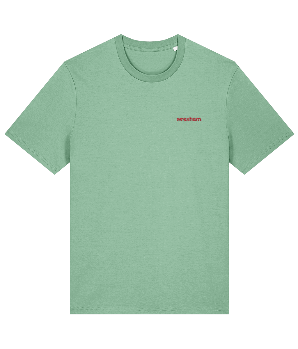 wrexham. embroidered Wrexham cotton tee in Misty Jade, Legends in Thread
