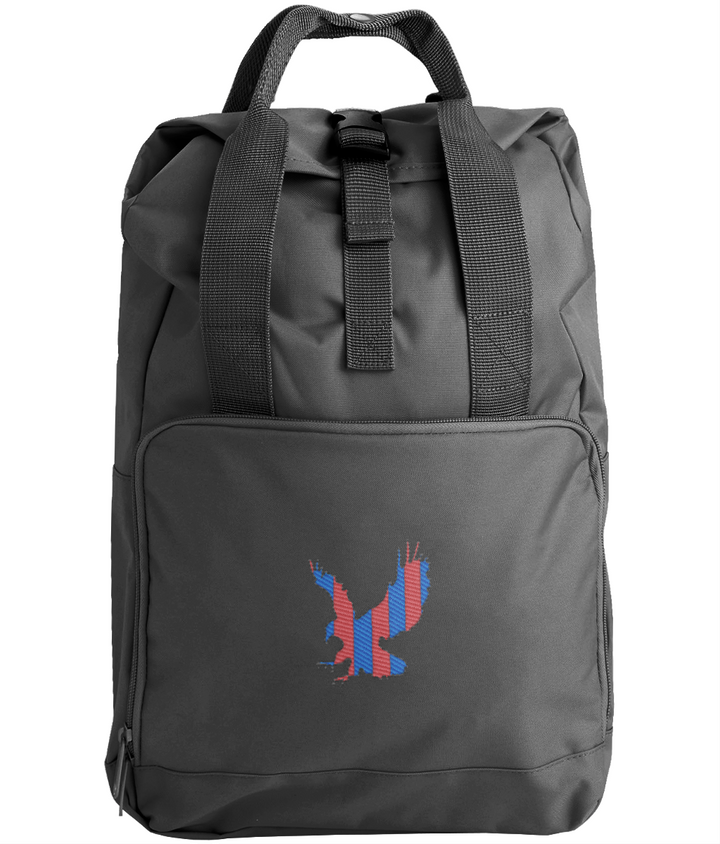 Red and Blue Striped Eagle embroidered Crystal Palace roll-top backpack in Black, Legends in Thread
