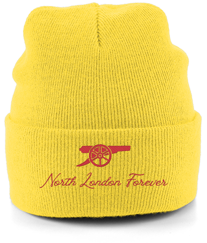North London Forever embroidered Arsenal beanie in Yellow, Legends in Thread
