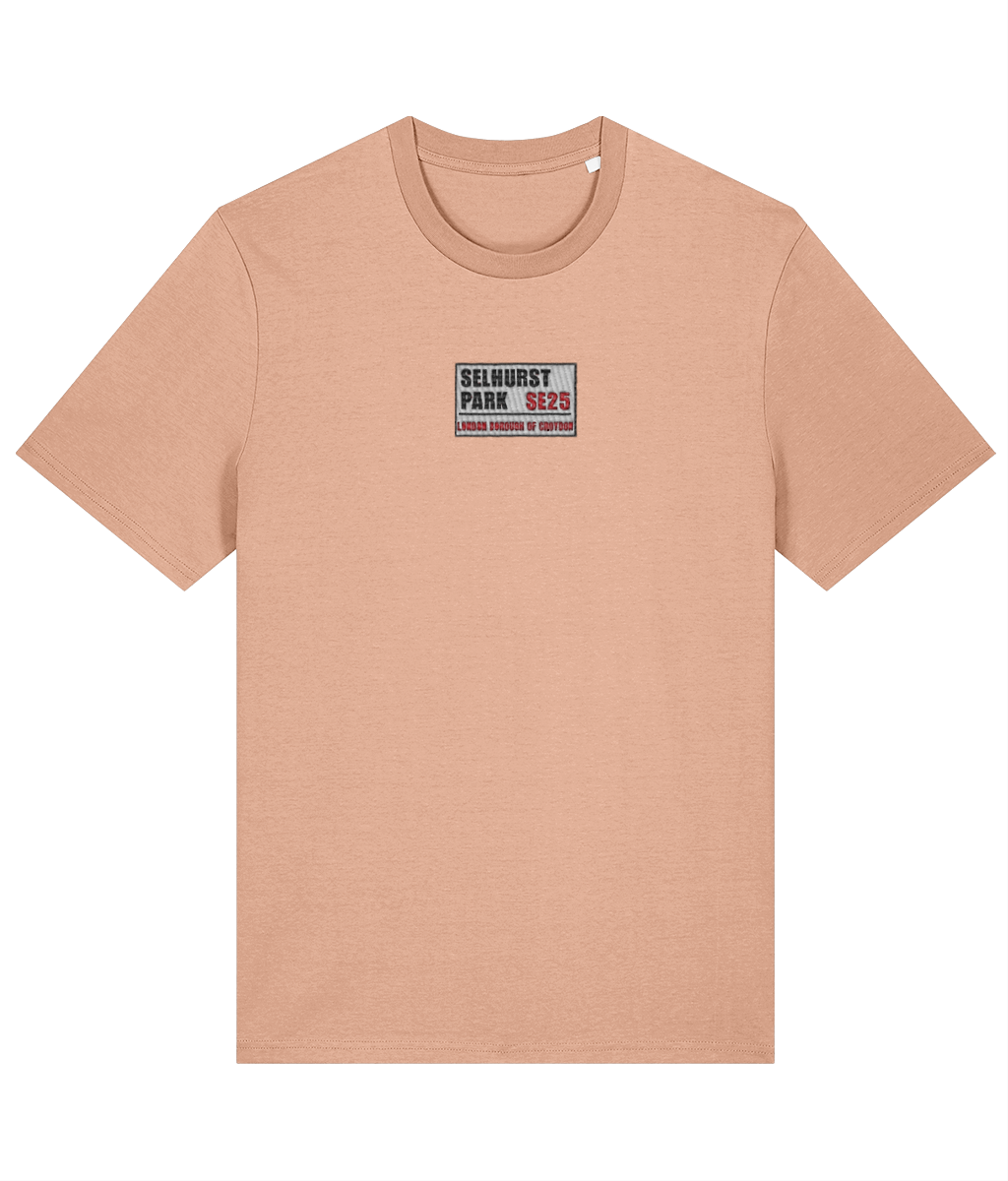 Selhurst Park SE25 Badge embroidered Crystal Palace cotton tee in Fraiche Peche, Legends in Thread