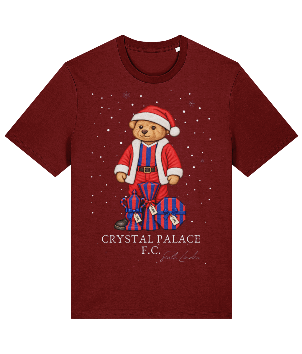 Selby the Bear at Christmas printed Crystal Palace cotton tee in Burgundy, Legends in Thread
