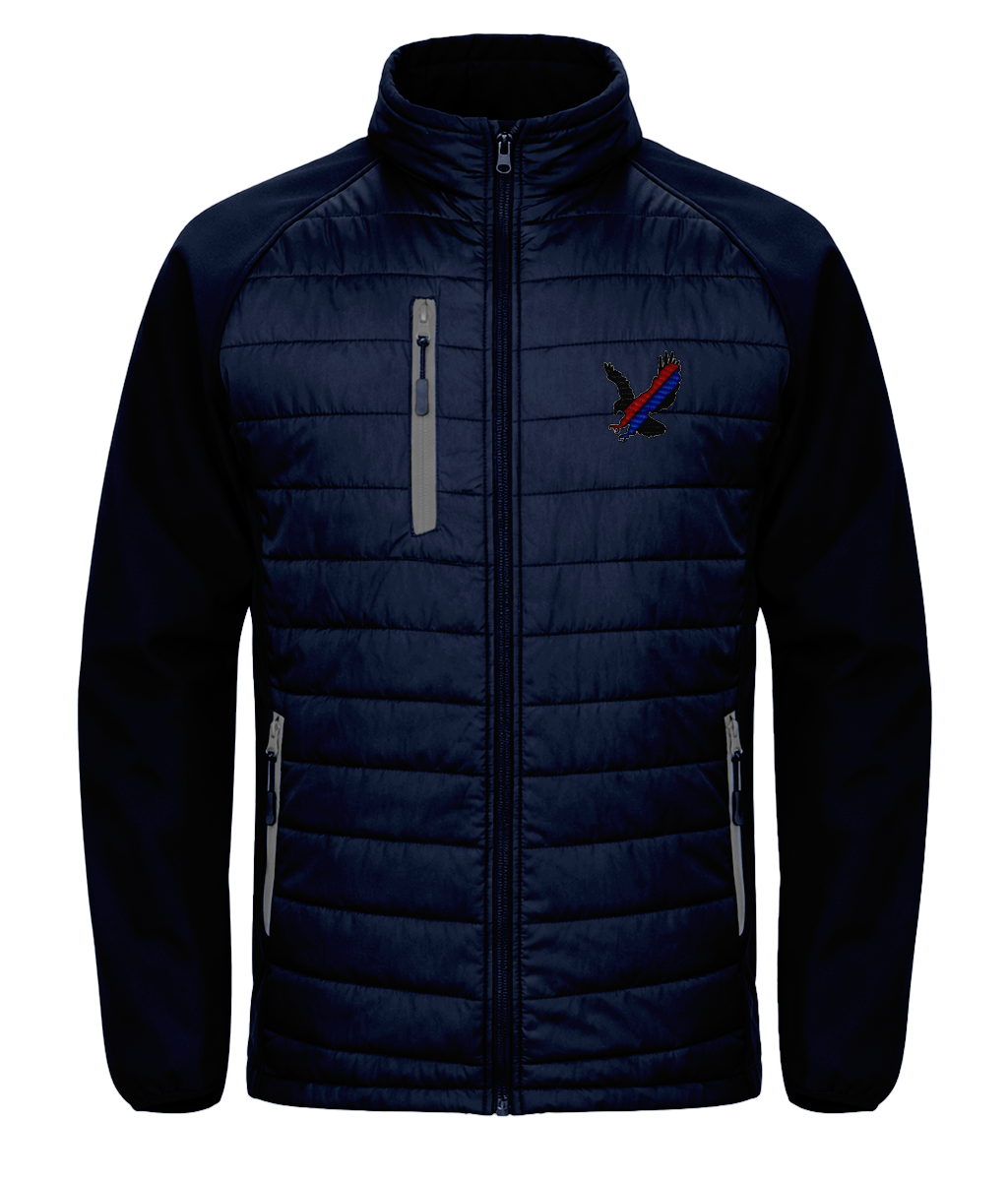 Red and Blue Sash Eagle embroidered Crystal Palace softshell padded jacket in Navy/Grey, Legends in Thread