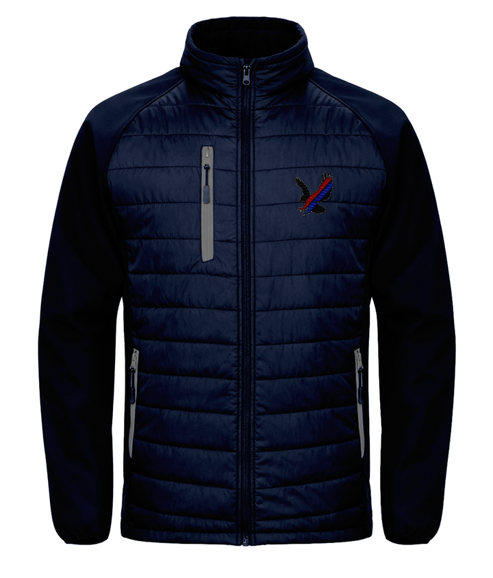 Red and Blue Sash Eagle embroidered Crystal Palace softshell padded jacket in Navy/Grey, Legends in Thread
