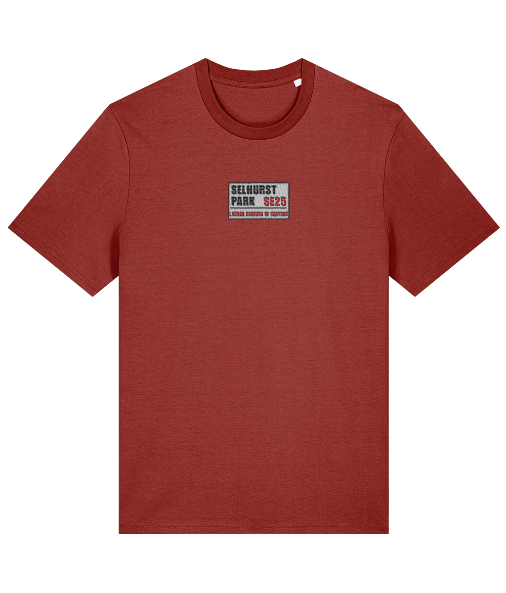 Selhurst Park SE25 Badge embroidered Crystal Palace cotton tee in Earthy Red, Legends in Thread