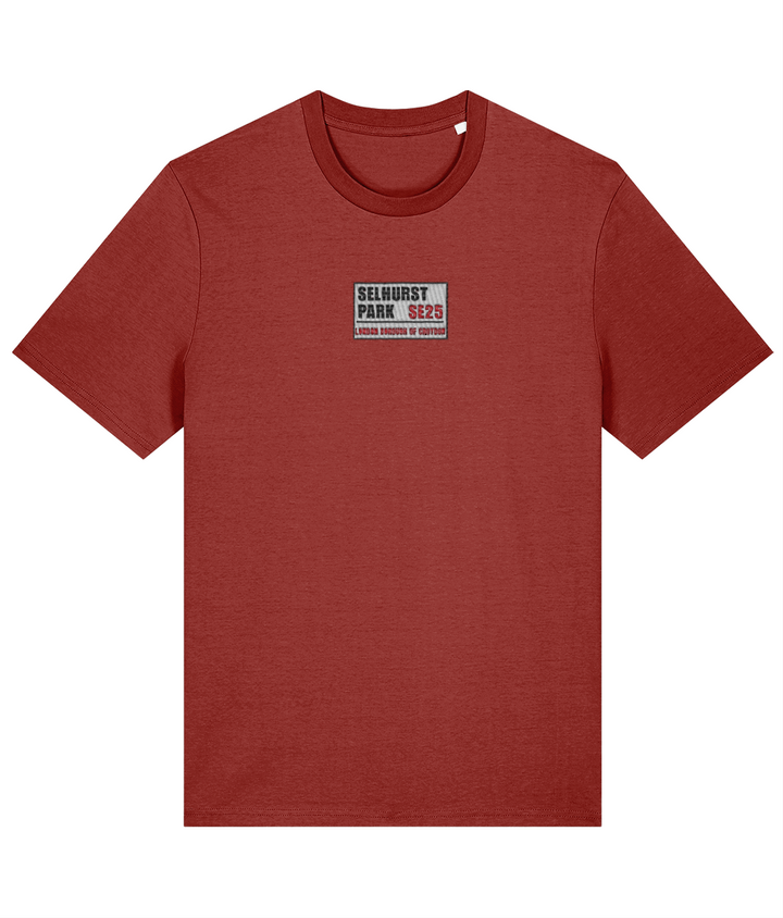 Selhurst Park SE25 Badge embroidered Crystal Palace cotton tee in Earthy Red, Legends in Thread