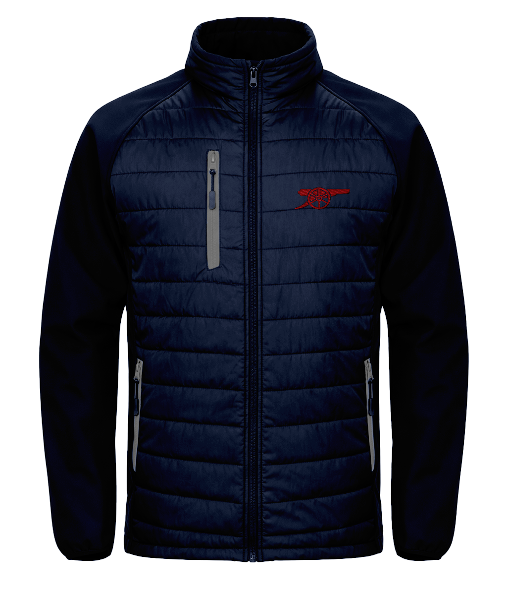 Arsenal Cannon embroidered Arsenal softshell padded jacket in Navy/Grey, Legends in Thread