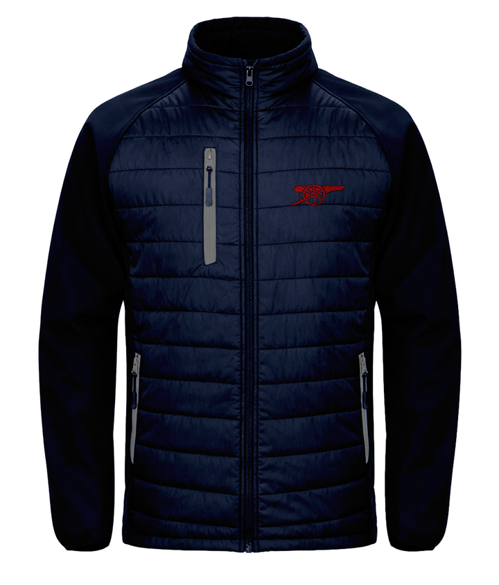 Arsenal Cannon embroidered Arsenal softshell padded jacket in Navy/Grey, Legends in Thread