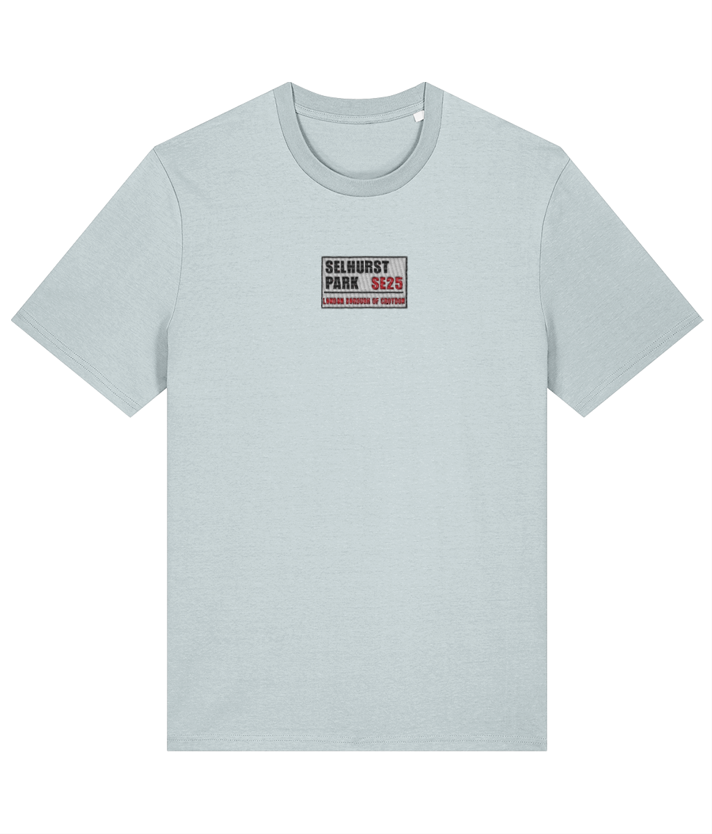 Selhurst Park SE25 Badge embroidered Crystal Palace cotton tee in Blue Ice, Legends in Thread