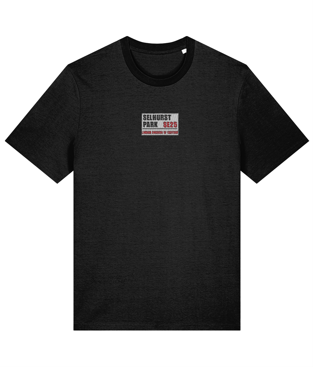 Selhurst Park SE25 Badge embroidered Crystal Palace cotton tee in Black, Legends in Thread