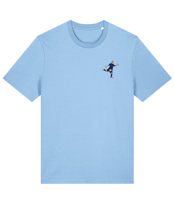 Iniesta World Cup Goal embroidered Spain cotton tee in Blue Soul, Legends in Thread