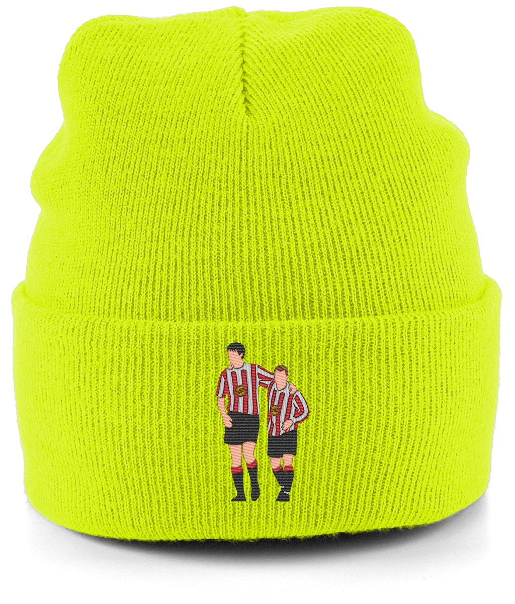 Niall Quinn and Kevin Phillips embroidered Sunderland beanie in Fluorescent Yellow, Legends in Thread