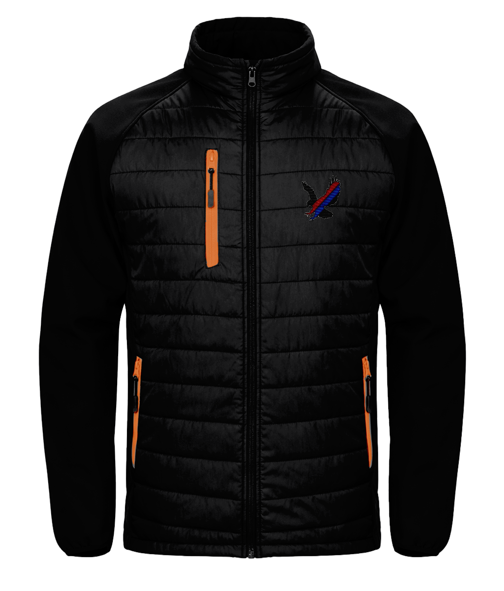 Red and Blue Sash Eagle embroidered Crystal Palace softshell padded jacket in Black/Orange, Legends in Thread