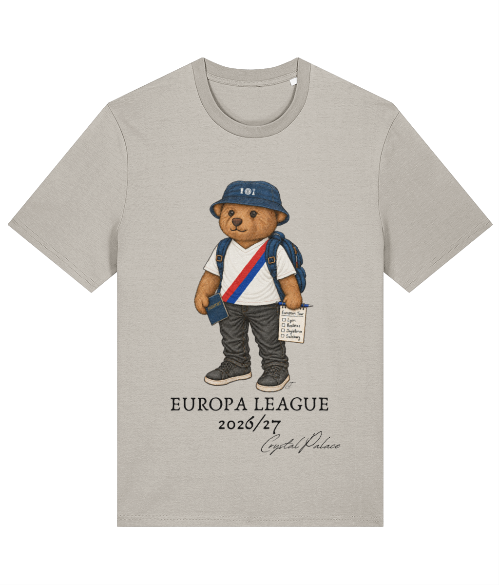 Selby the Bear Europa Tour printed Crystal Palace cotton tee in Heather Haze, Legends in Thread