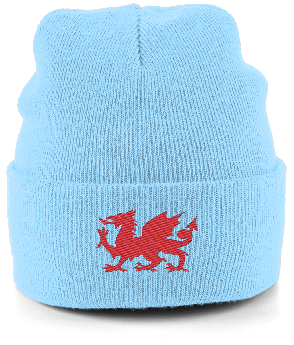Wrexham Welsh Dragon embroidered Wrexham beanie in Sky, Legends in Thread