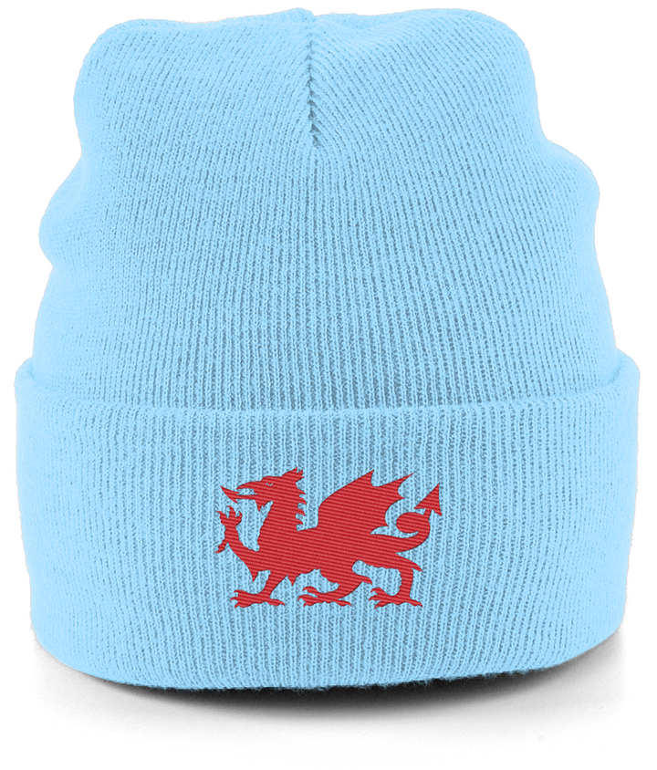 Wrexham Welsh Dragon embroidered Wrexham beanie in Sky, Legends in Thread