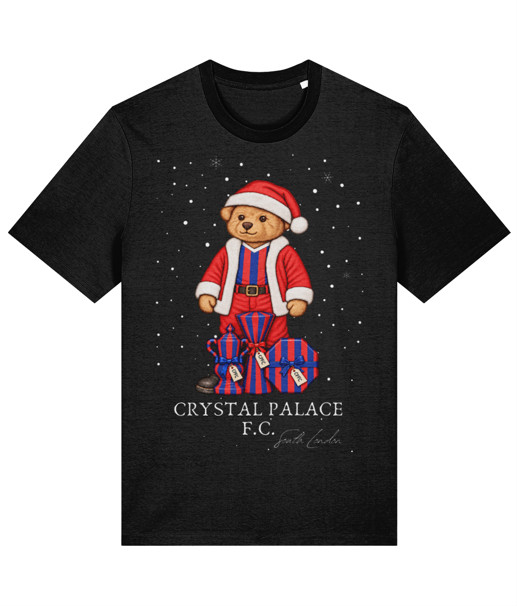 Selby the Bear at Christmas printed Crystal Palace cotton tee in Black, Legends in Thread