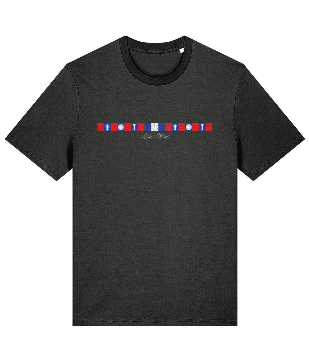 Arthur Wait Fascia printed Crystal Palace cotton tee in Dark Heather Grey, Legends in Thread