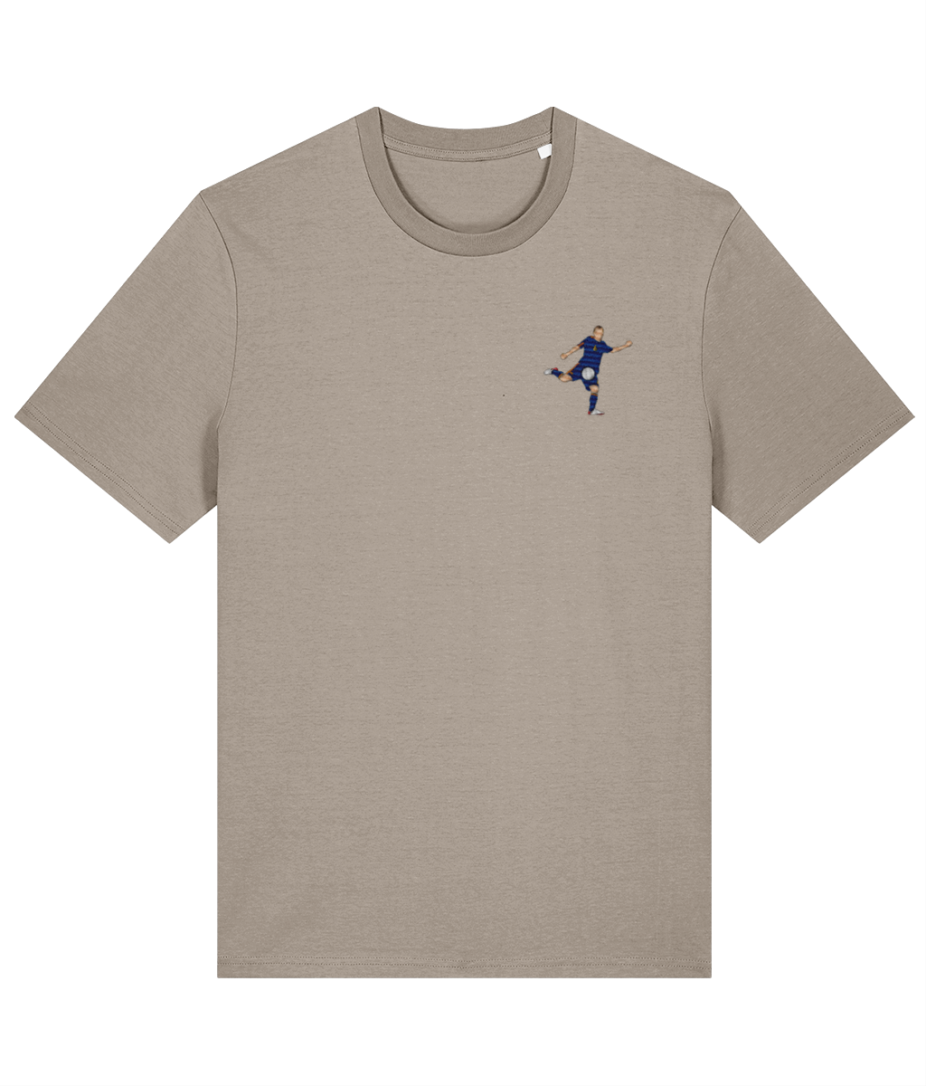 Iniesta World Cup Goal embroidered Spain cotton tee in Desert Dust, Legends in Thread