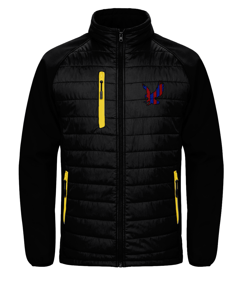 Red and Blue Striped Eagle embroidered Crystal Palace softshell jacket in Black/Yellow, Legends in Thread