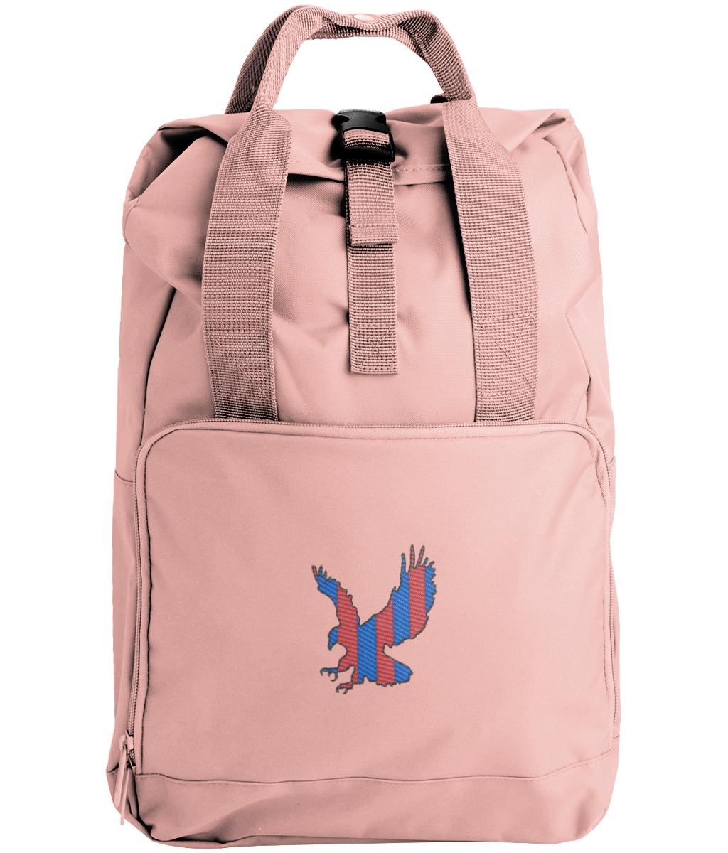 Red and Blue Striped Eagle embroidered Crystal Palace roll-top backpack in Blush Pink, Legends in Thread