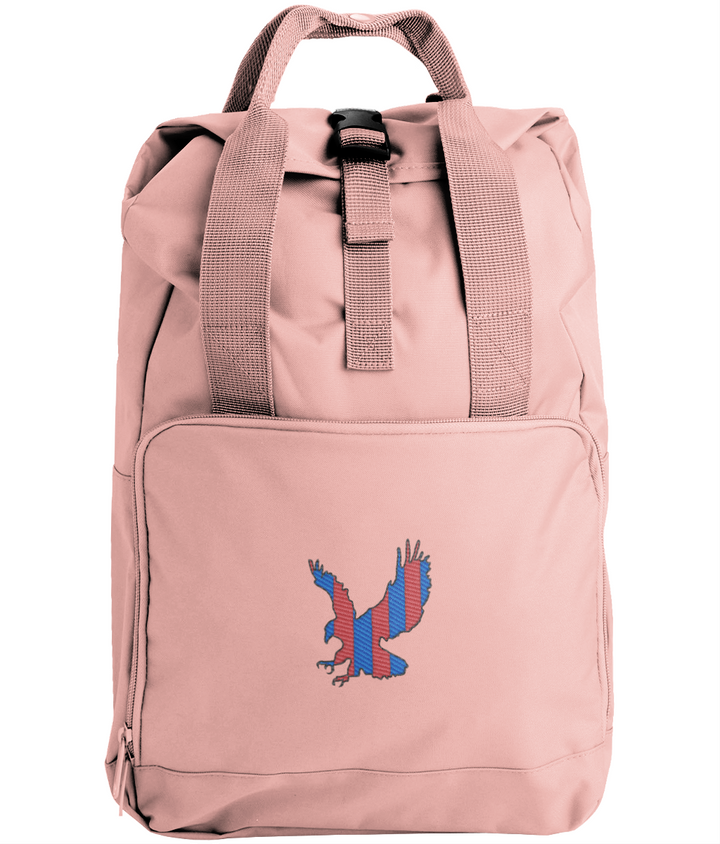 Red and Blue Striped Eagle embroidered Crystal Palace roll-top backpack in Blush Pink, Legends in Thread
