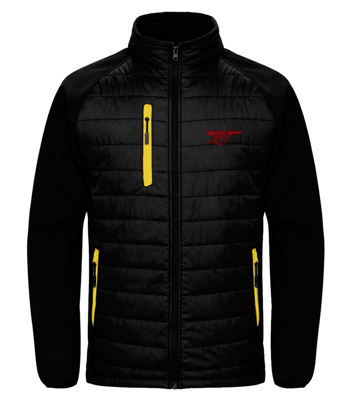Arsenal Cannon embroidered Arsenal softshell padded jacket in Black/Yellow, Legends in Thread