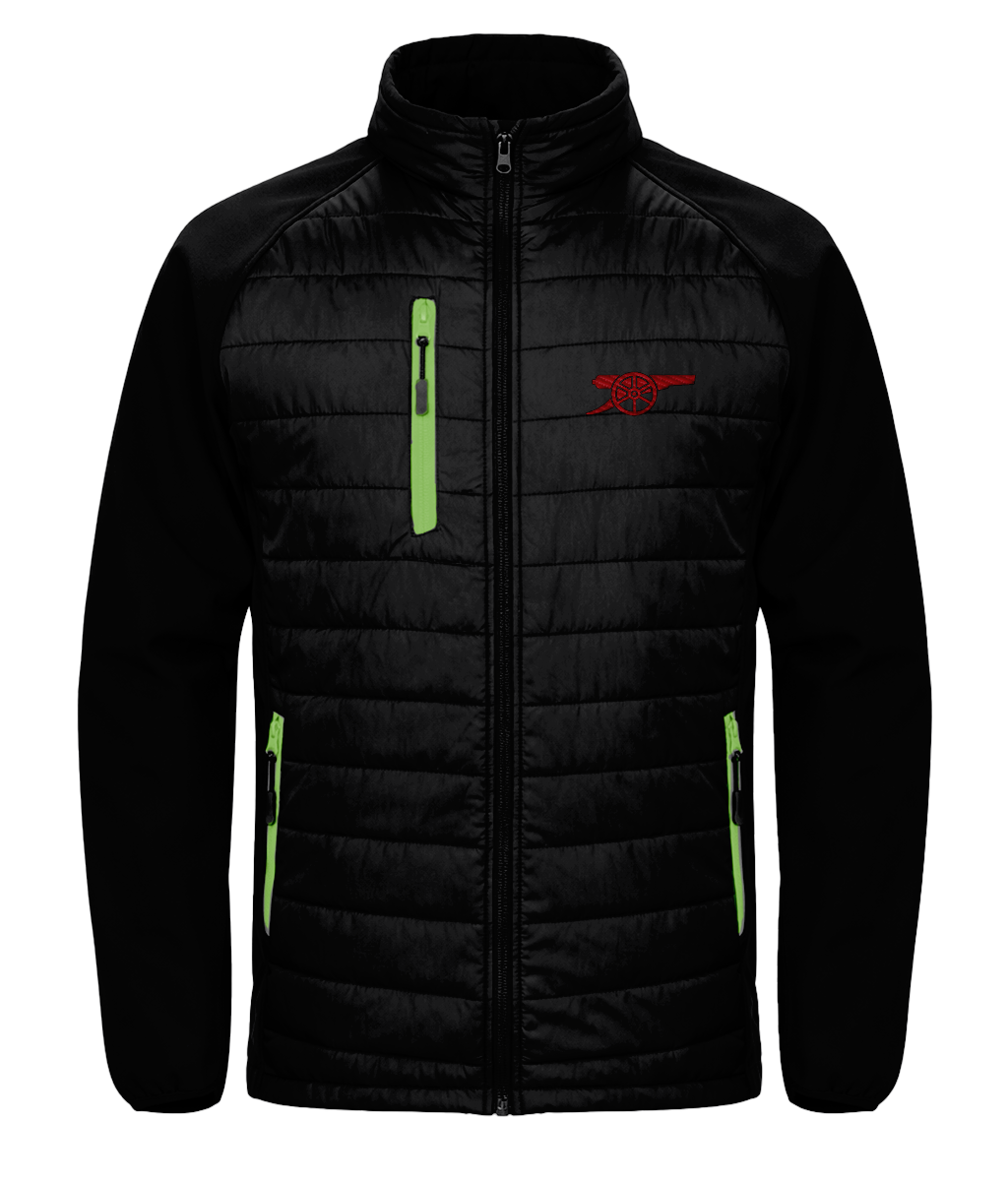 Arsenal Cannon embroidered Arsenal softshell padded jacket in Black/Lime, Legends in Thread