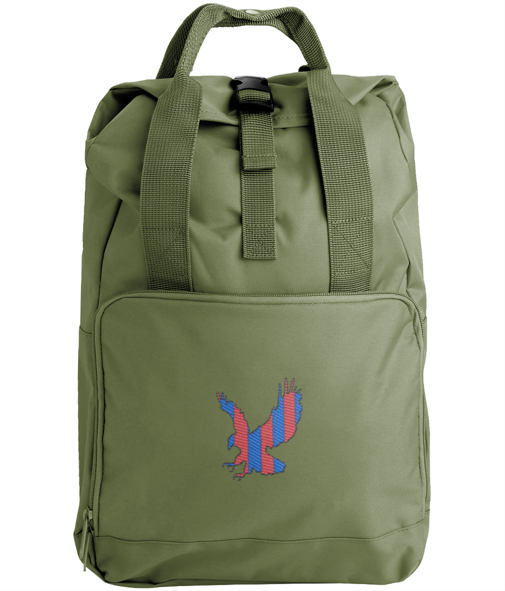 Red and Blue Striped Eagle embroidered Crystal Palace roll-top backpack in Olive Green, Legends in Thread
