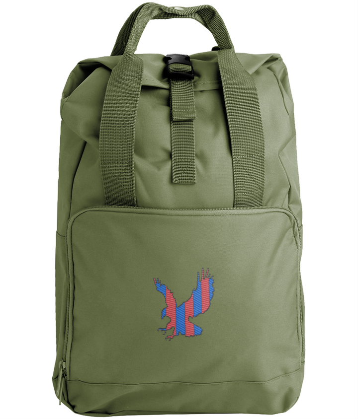 Red and Blue Striped Eagle embroidered Crystal Palace roll-top backpack in Olive Green, Legends in Thread