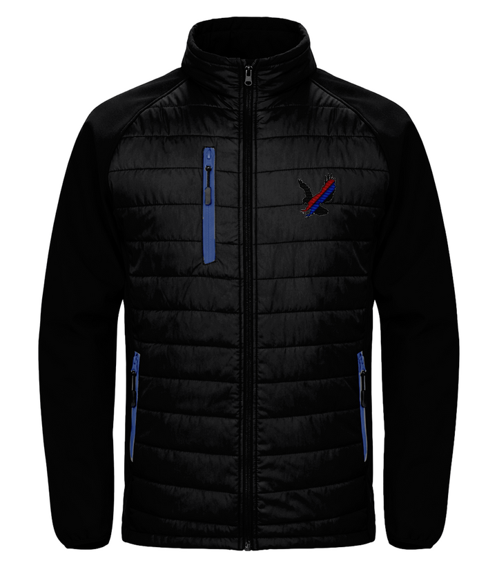 Red and Blue Sash Eagle embroidered Crystal Palace softshell padded jacket in Black/Royal, Legends in Thread