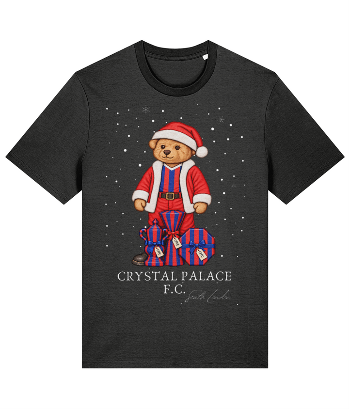 Selby the Bear at Christmas printed Crystal Palace cotton tee in Dark Heather Grey, Legends in Thread