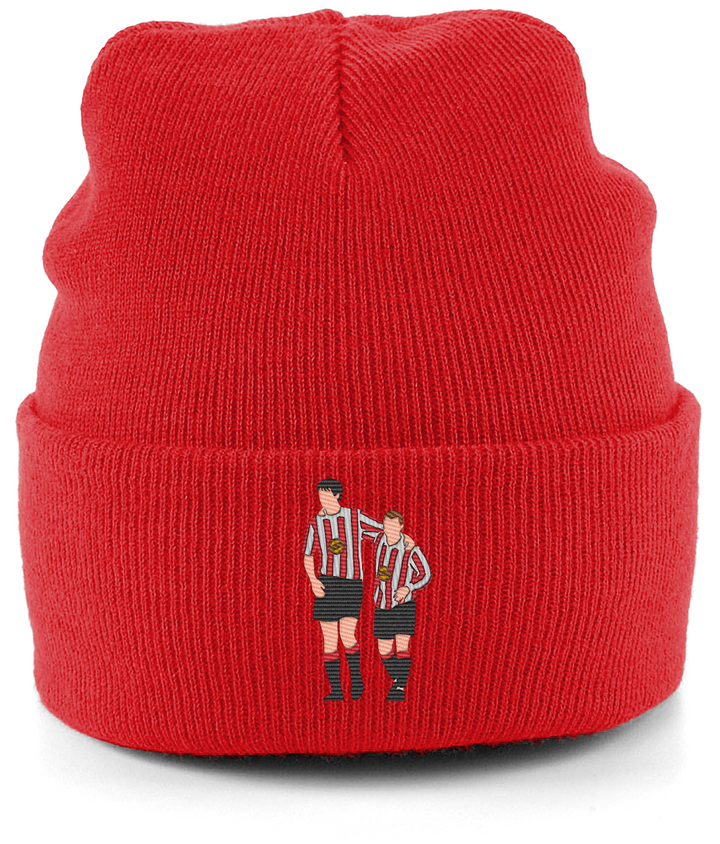 Niall Quinn and Kevin Phillips embroidered Sunderland beanie in Fire Red, Legends in Thread