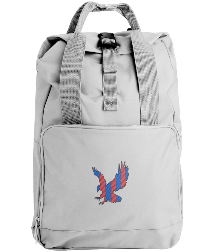Red and Blue Striped Eagle embroidered Crystal Palace roll-top backpack in Light Grey, Legends in Thread