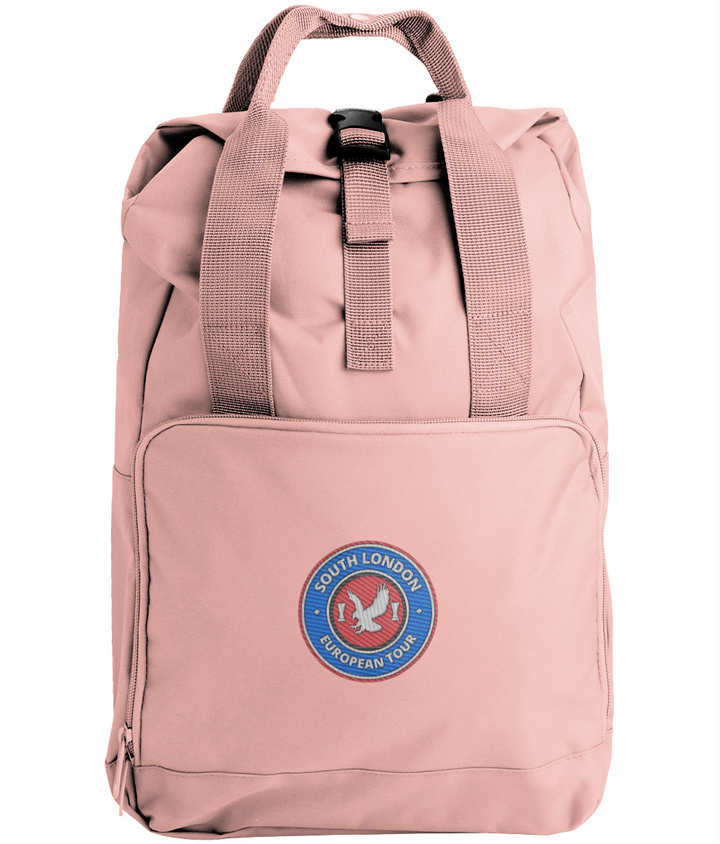 South London European Tour Backpack embroidered Crystal Palace backpack in Blush Pink, Legends in Thread