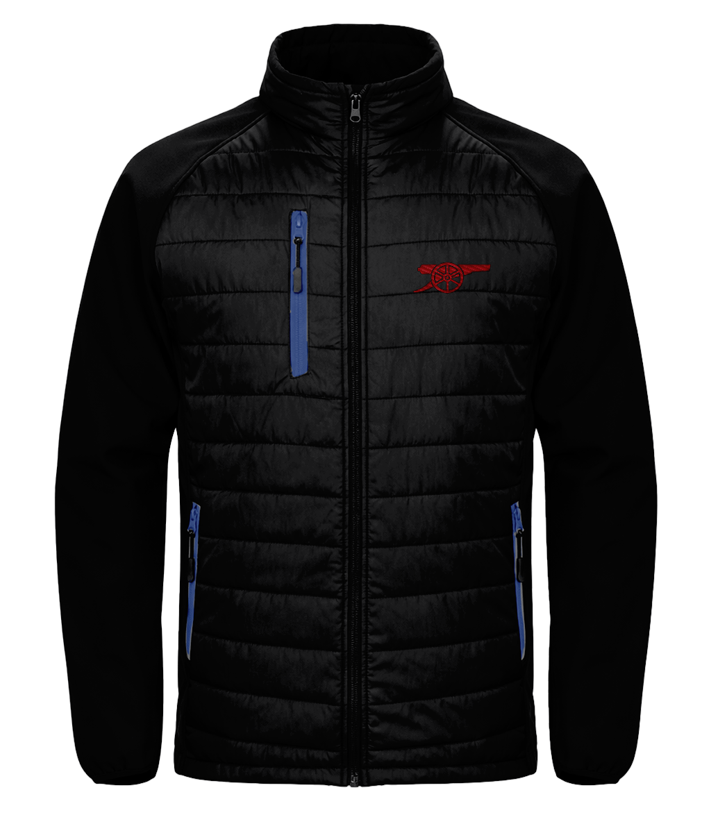 Arsenal Cannon embroidered Arsenal softshell padded jacket in Black/Royal, Legends in Thread