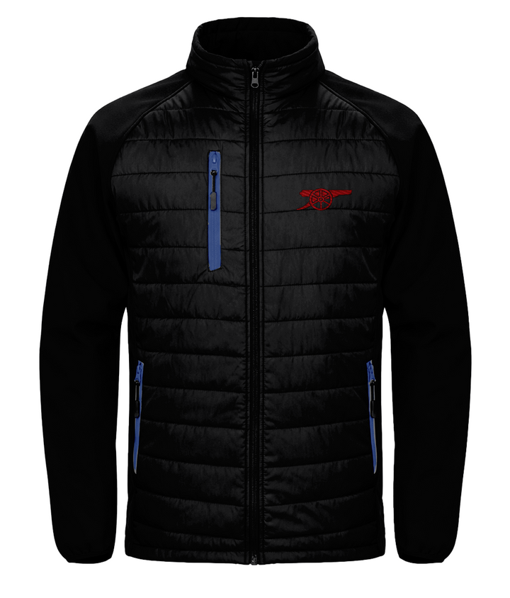 Arsenal Cannon embroidered Arsenal softshell padded jacket in Black/Royal, Legends in Thread